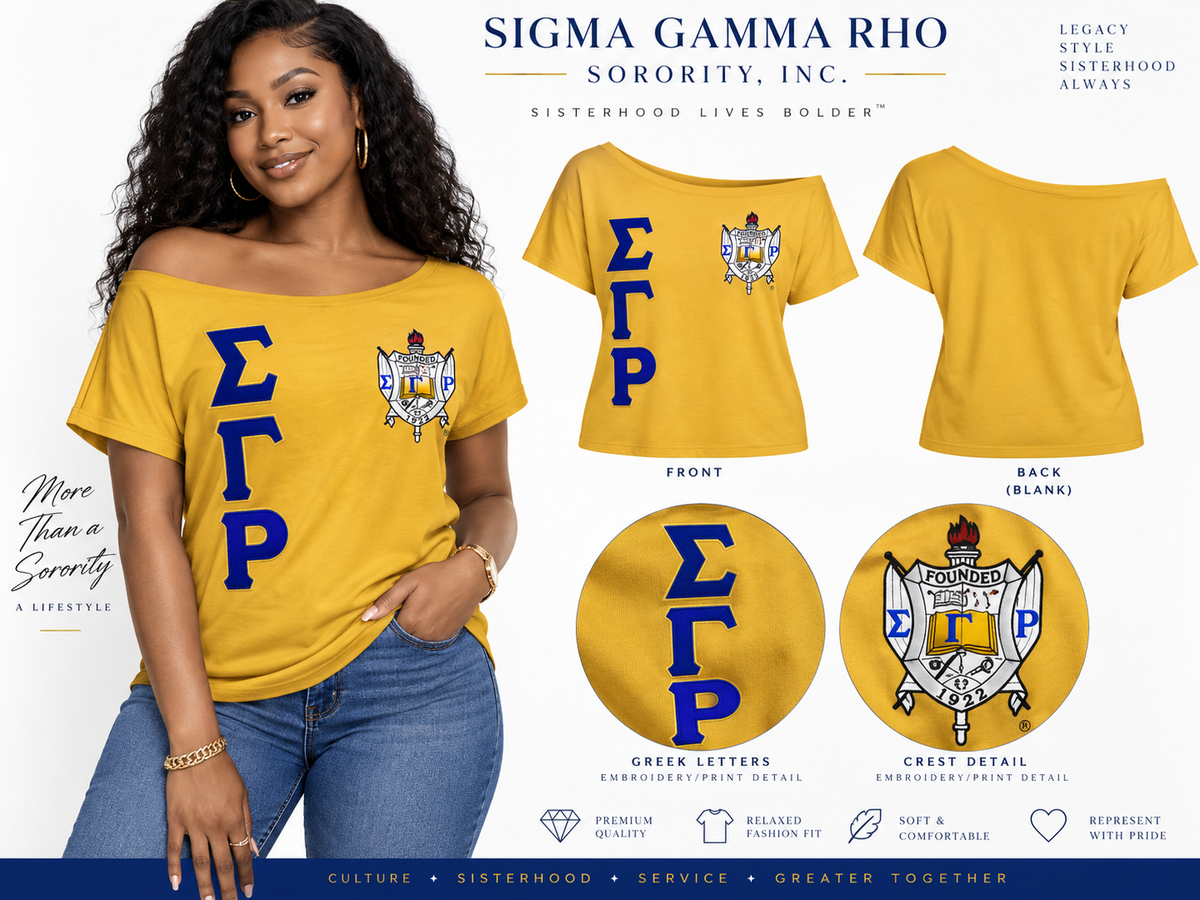 Gold and royal blue Sigma Gamma Rho off-shoulder tee shown on a woman with crest, stacked ΣΓΡ letters, blank back, and embroidery details