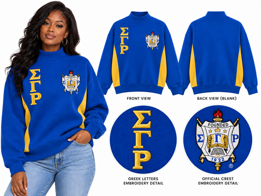 Front and back of royal blue and gold Sigma Gamma Rho oversized mock-neck sweatshirt with crest and stacked ΣΓΡ letters