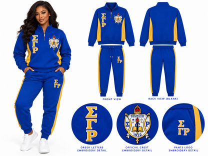 Custom Sigma Gamma Rho embroidered two-piece track suit in Royal Blue and Gold