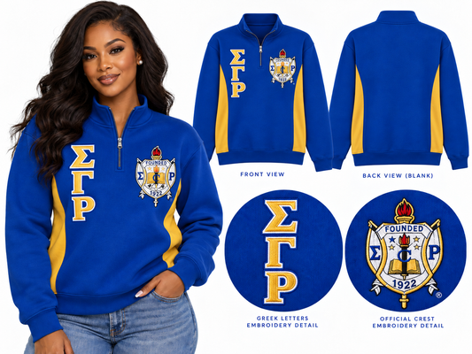 Royal blue and gold Sigma Gamma Rho quarter-zip pullover shown on a woman with stacked Greek letters, crest, gold side panels, and blank back