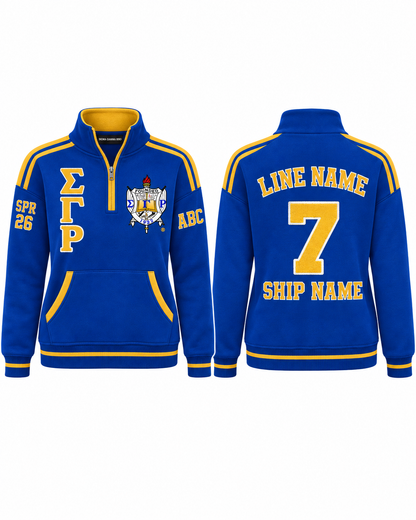 Front and back views of a Sigma Gamma Rho royal blue and gold custom quarter-zip