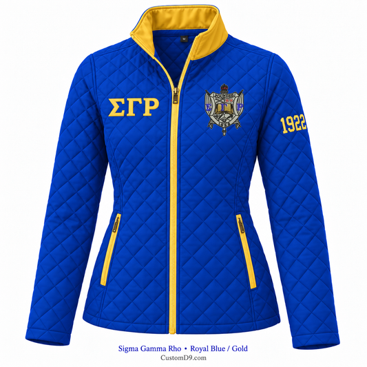 Sigma Gamma Rho royal blue and gold quilted jacket with crest, Greek letters, and 1922 sleeve embroidery