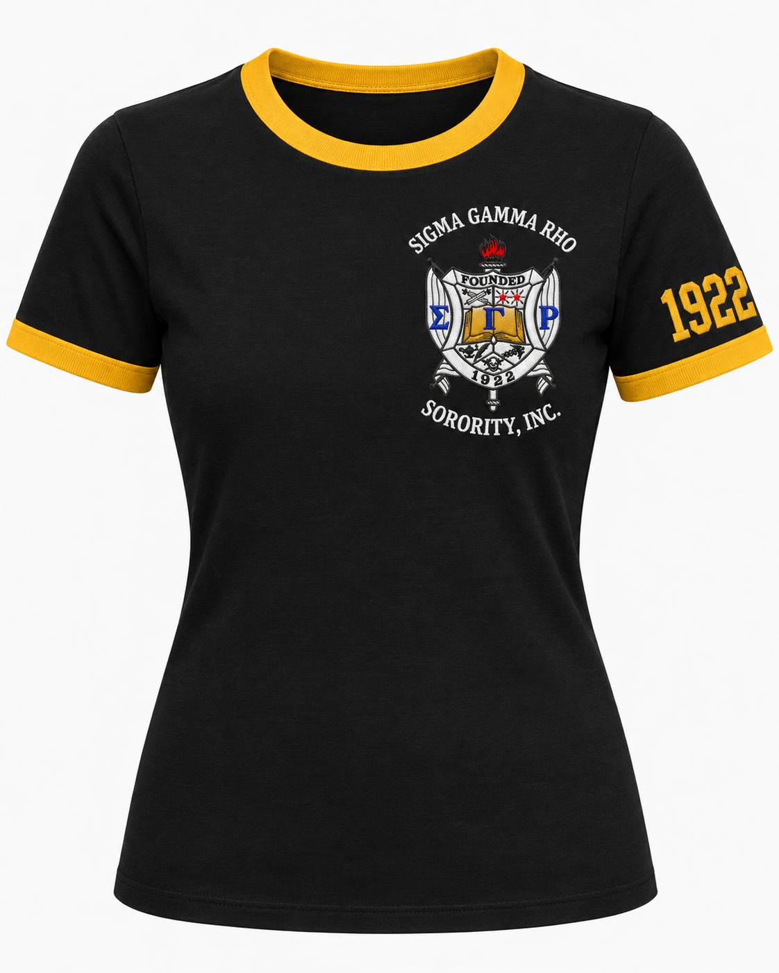 Black Sigma Gamma Rho women’s ringer T-shirt with gold trim, chest crest and 1922 sleeve design