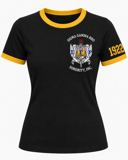 Black Sigma Gamma Rho women’s ringer T-shirt with gold trim, chest crest and 1922 sleeve design