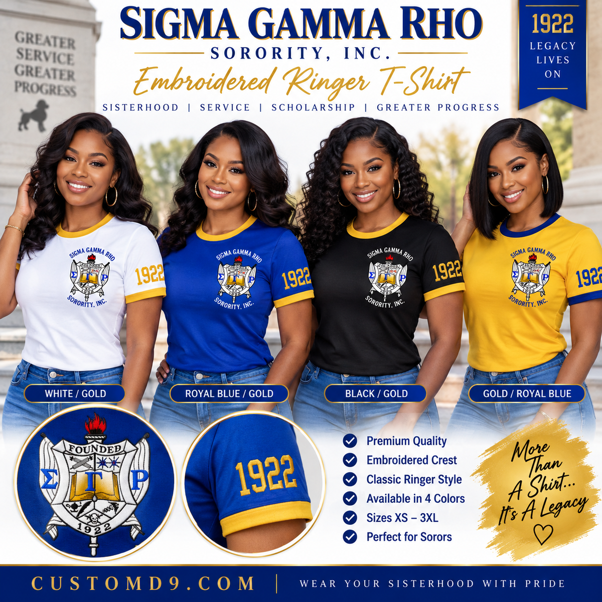 Four models wearing Sigma Gamma Rho ringer T-shirts in white, royal blue, black and gold colorways