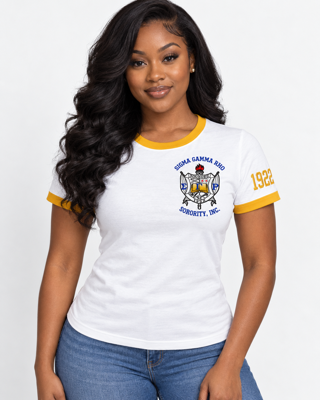 Model wearing a white Sigma Gamma Rho ringer T-shirt with gold trim, chest crest and 1922 sleeve design