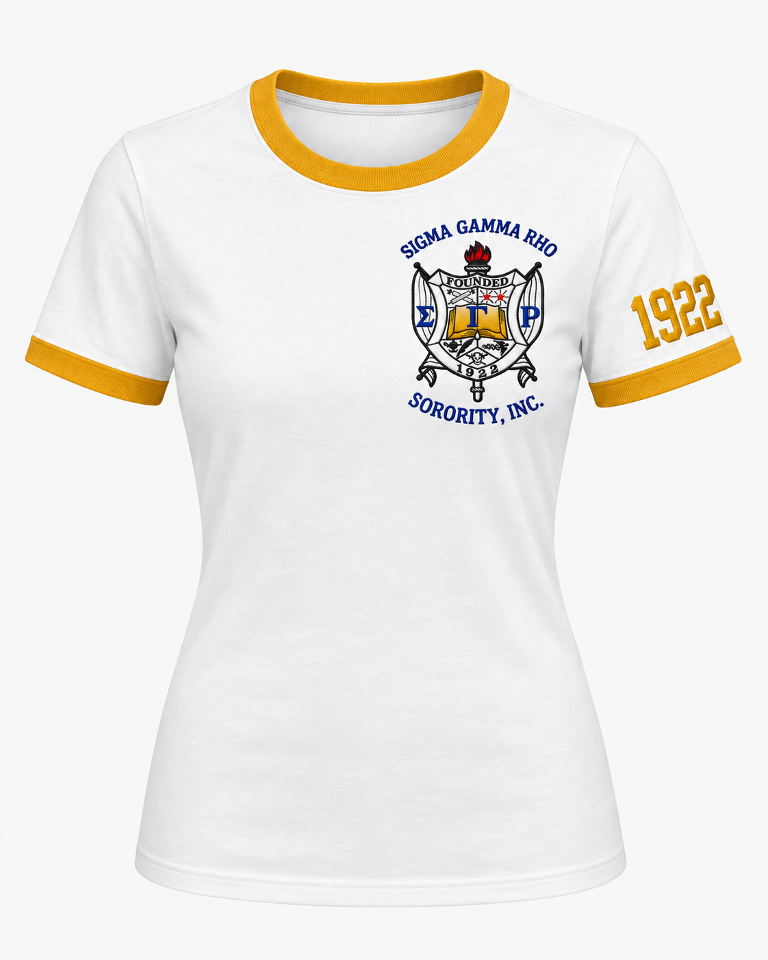 White Sigma Gamma Rho women’s ringer T-shirt with gold trim, chest crest and 1922 sleeve design