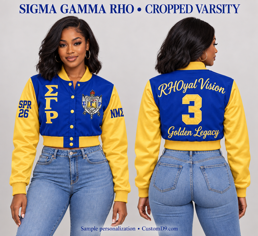 Sigma Gamma Rho royal blue and gold cropped satin varsity jacket, front and back model views with sample custom embroidery