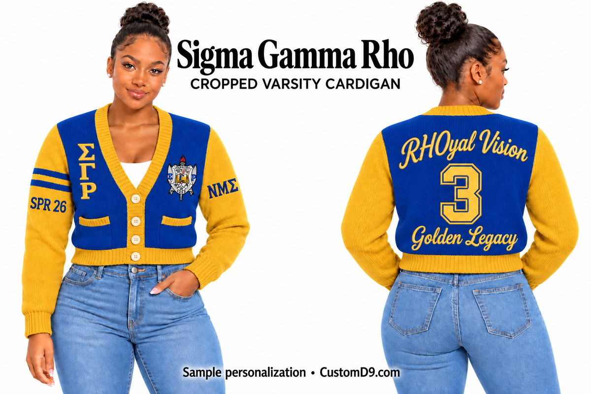 Sigma Gamma Rho royal blue and gold cropped varsity cardigan, front and back model views with sample chest, sleeve, and back embroidery