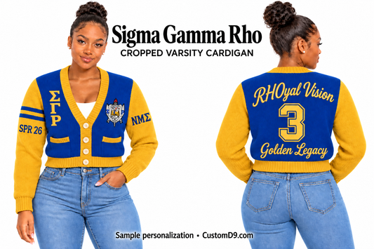 Sigma Gamma Rho royal blue and gold cropped varsity cardigan, front and back model views with sample chest, sleeve, and back embroidery