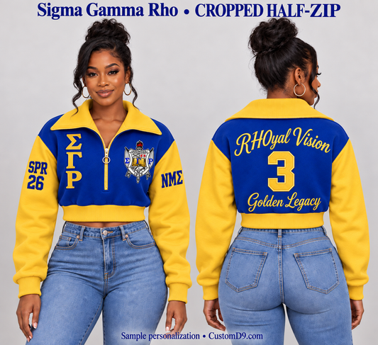 Sigma Gamma Rho royal blue and gold cropped wide-collar half-zip sweatshirt, front and back model views with sample custom embroidery