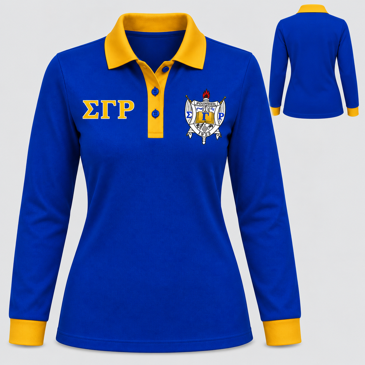 Sigma Gamma Rho royal blue long-sleeve polo with gold collar, placket, and cuffs, front and back views