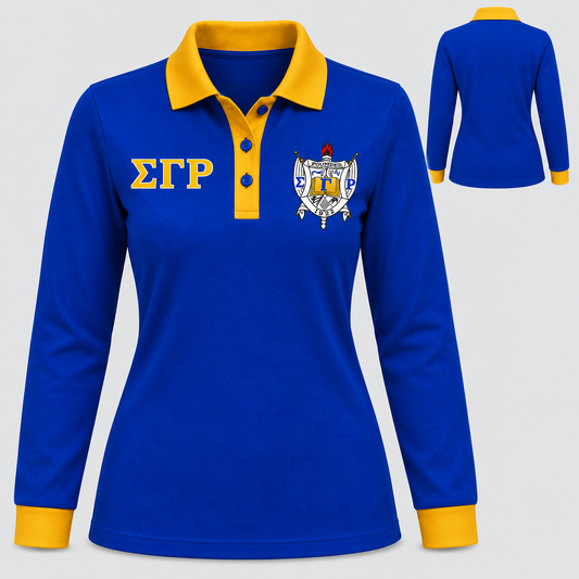 Sigma Gamma Rho royal blue long-sleeve polo with gold collar, placket, and cuffs, front and back views
