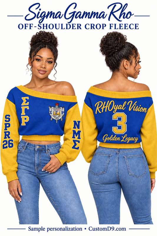 Sigma Gamma Rho royal blue and gold off-shoulder cropped sweatshirt, front and back model views with sample custom embroidery