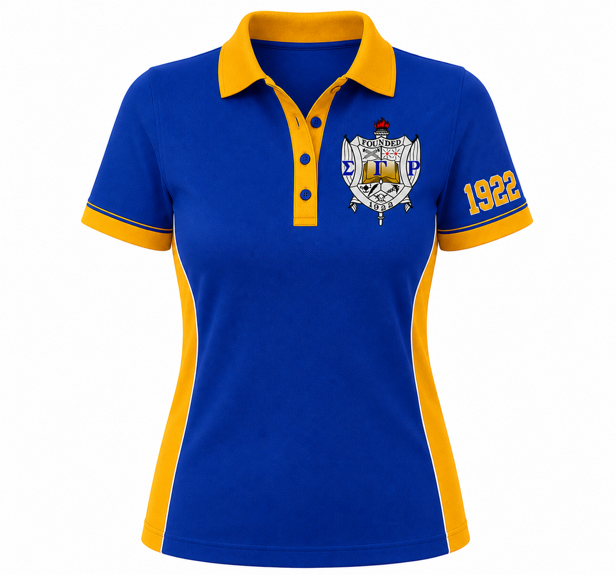 Sigma Gamma Rho royal blue panel polo with gold collar, side panels, crest, and 1922 sleeve embroidery