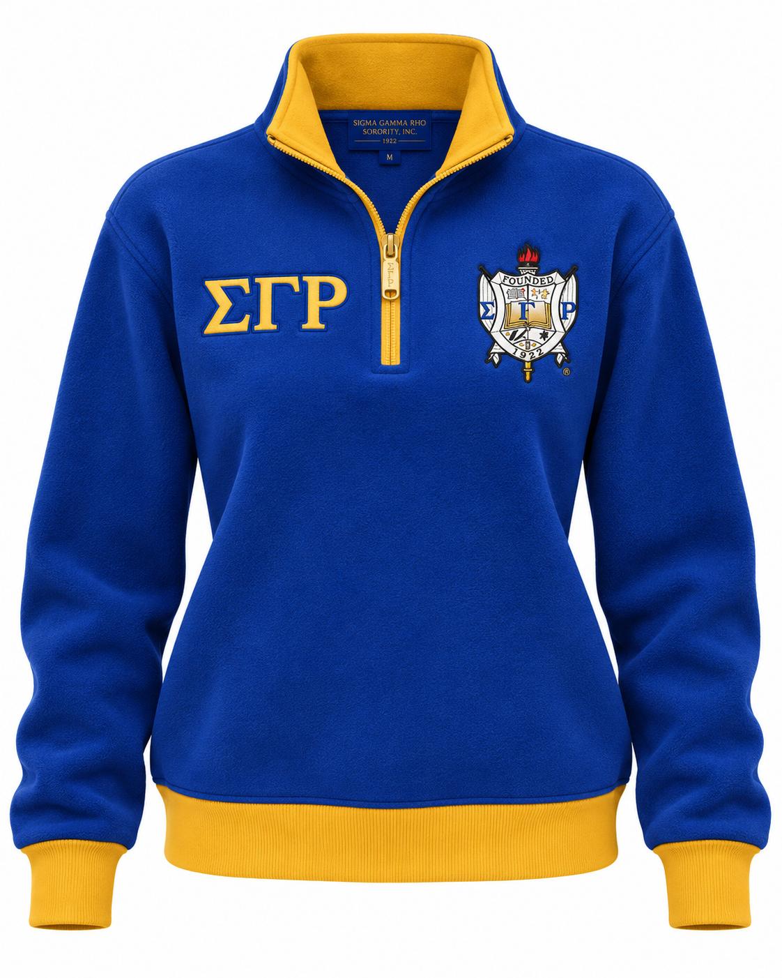 Sigma Gamma Rho royal blue and gold quarter-zip sweatshirt with Greek letters and crest