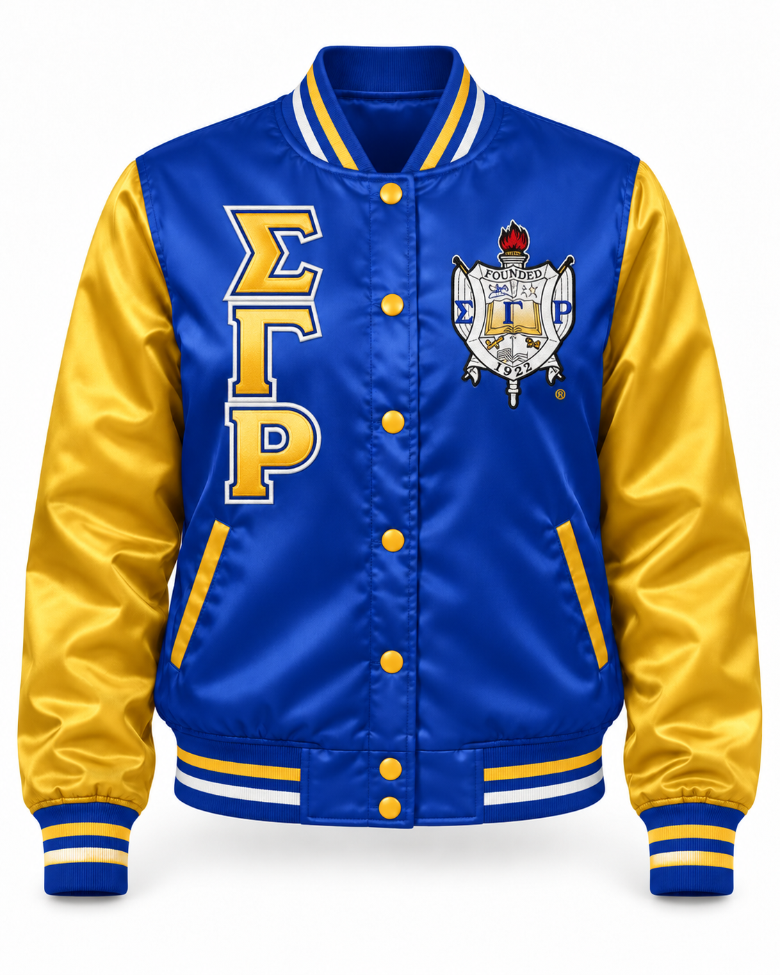 Front view of Sigma Gamma Rho royal blue satin bomber jacket with gold sleeves, stacked letters and crest