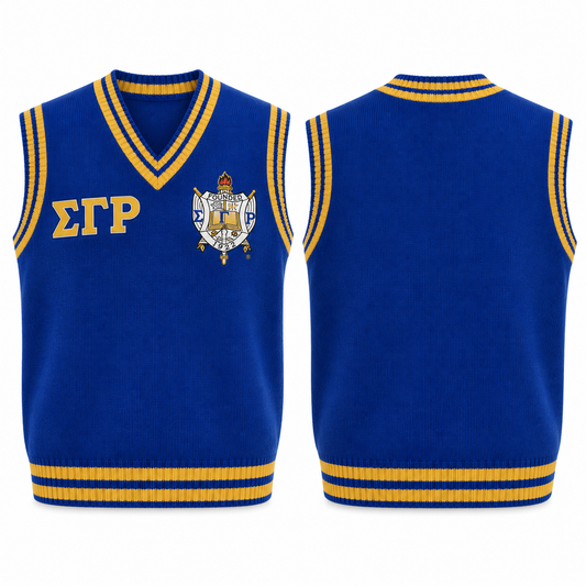 Sigma Gamma Rho royal blue and gold varsity sweater vest with crest and Greek letters, front and back views