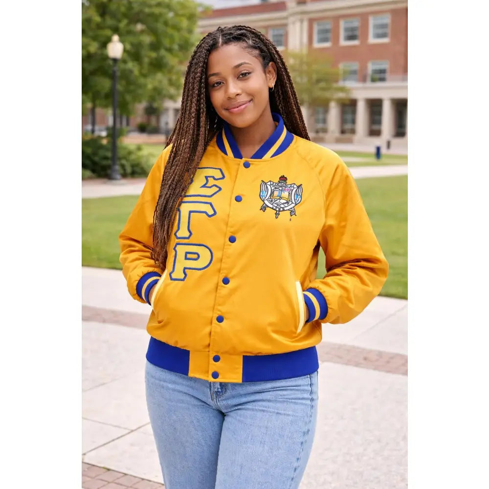 Gold / Red Sigma Gamma Rho Satin Line Jacket with personalized front, back, and sleeve embroidery