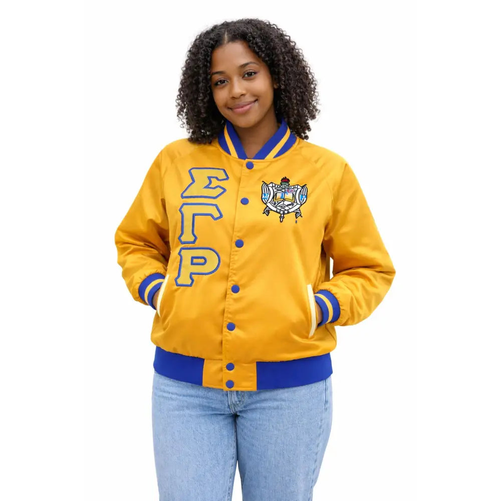 Gold / Red Sigma Gamma Rho Satin Line Jacket with personalized front, back, and sleeve embroidery