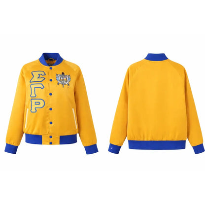 Gold / Red Sigma Gamma Rho Satin Line Jacket with personalized front, back, and sleeve embroidery