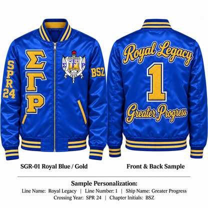 Royal blue and gold Sigma Gamma Rho satin bomber jacket shown front and back with sample line personalization