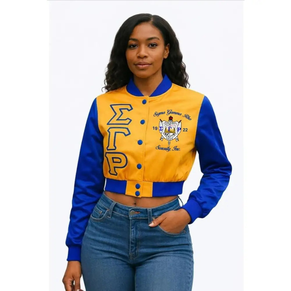 Gold / Red Sigma Gamma Rho Cropped Line Jacket with personalized front, back, and sleeve embroidery