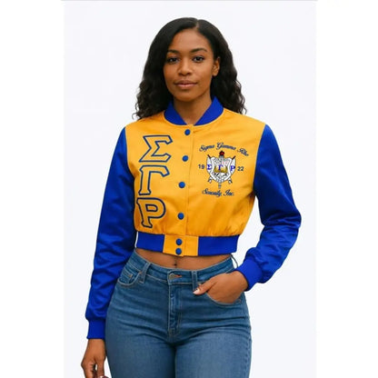 Gold / Red Sigma Gamma Rho Cropped Line Jacket with personalized front, back, and sleeve embroidery