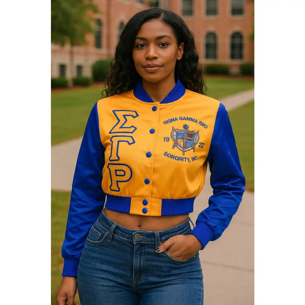 Gold / Red Sigma Gamma Rho Cropped Line Jacket with personalized front, back, and sleeve embroidery
