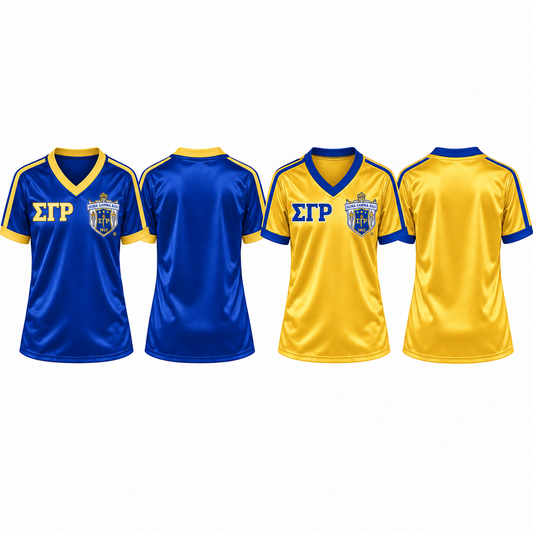 Sigma Gamma Rho royal blue and gold satin football jerseys in both colorways, shown from front and back