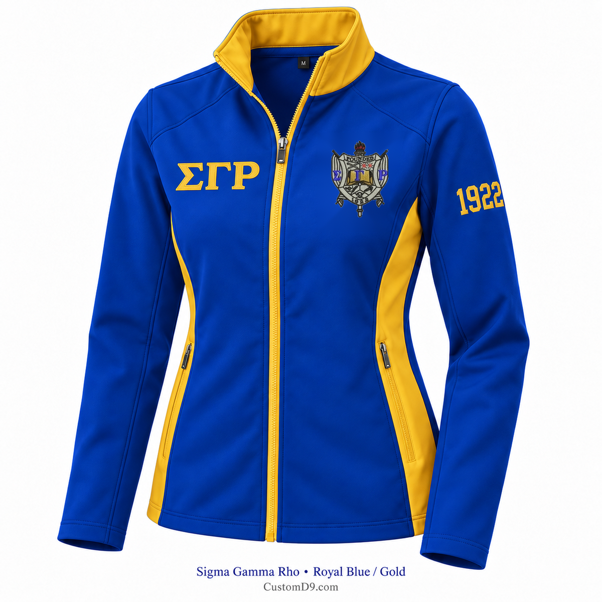 Sigma Gamma Rho royal blue and gold softshell jacket with crest, Greek letters, and 1922 sleeve embroidery