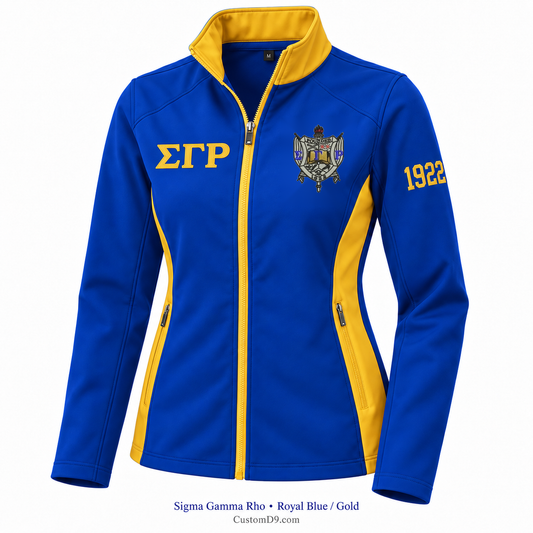 Sigma Gamma Rho royal blue and gold softshell jacket with crest, Greek letters, and 1922 sleeve embroidery