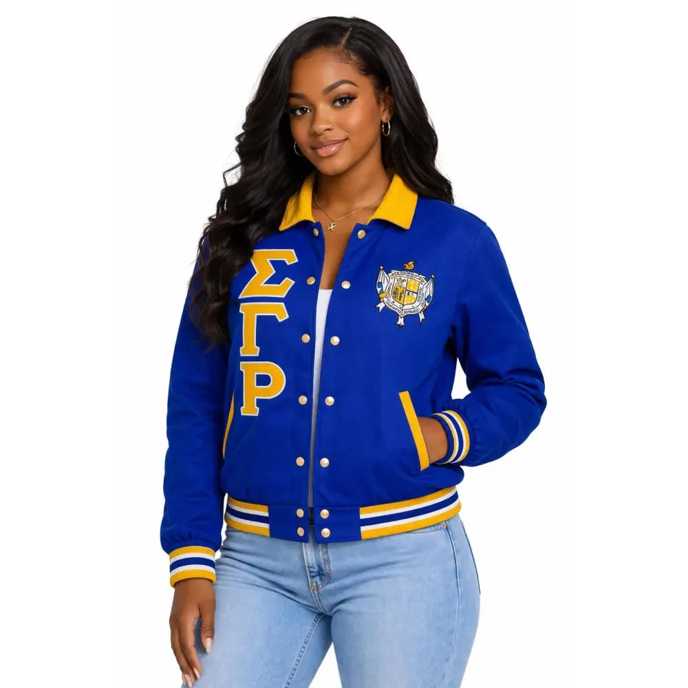 Royal Blue / Gold Sigma Gamma Rho Varsity Line Jacket with personalized front, back, and sleeve embroidery
