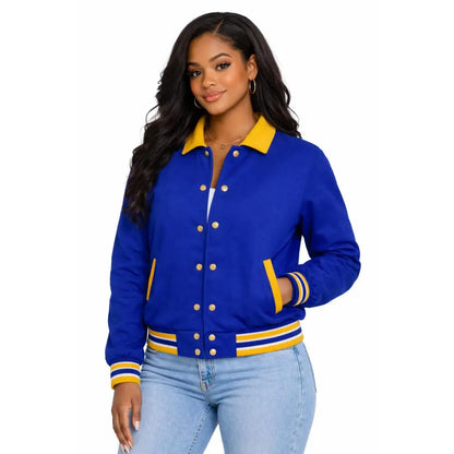 Royal Blue / Gold Sigma Gamma Rho Varsity Line Jacket with personalized front, back, and sleeve embroidery