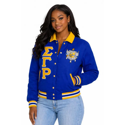 Royal Blue / Gold Sigma Gamma Rho Varsity Line Jacket with personalized front, back, and sleeve embroidery