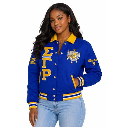 Gold / Red Sigma Gamma Rho Varsity Line Jacket with personalized front, back, and sleeve embroidery