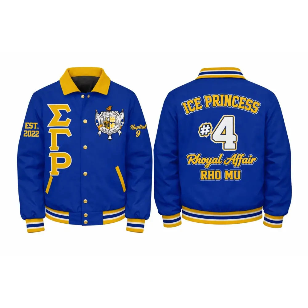 Gold / Red Sigma Gamma Rho Varsity Line Jacket with personalized front, back, and sleeve embroidery