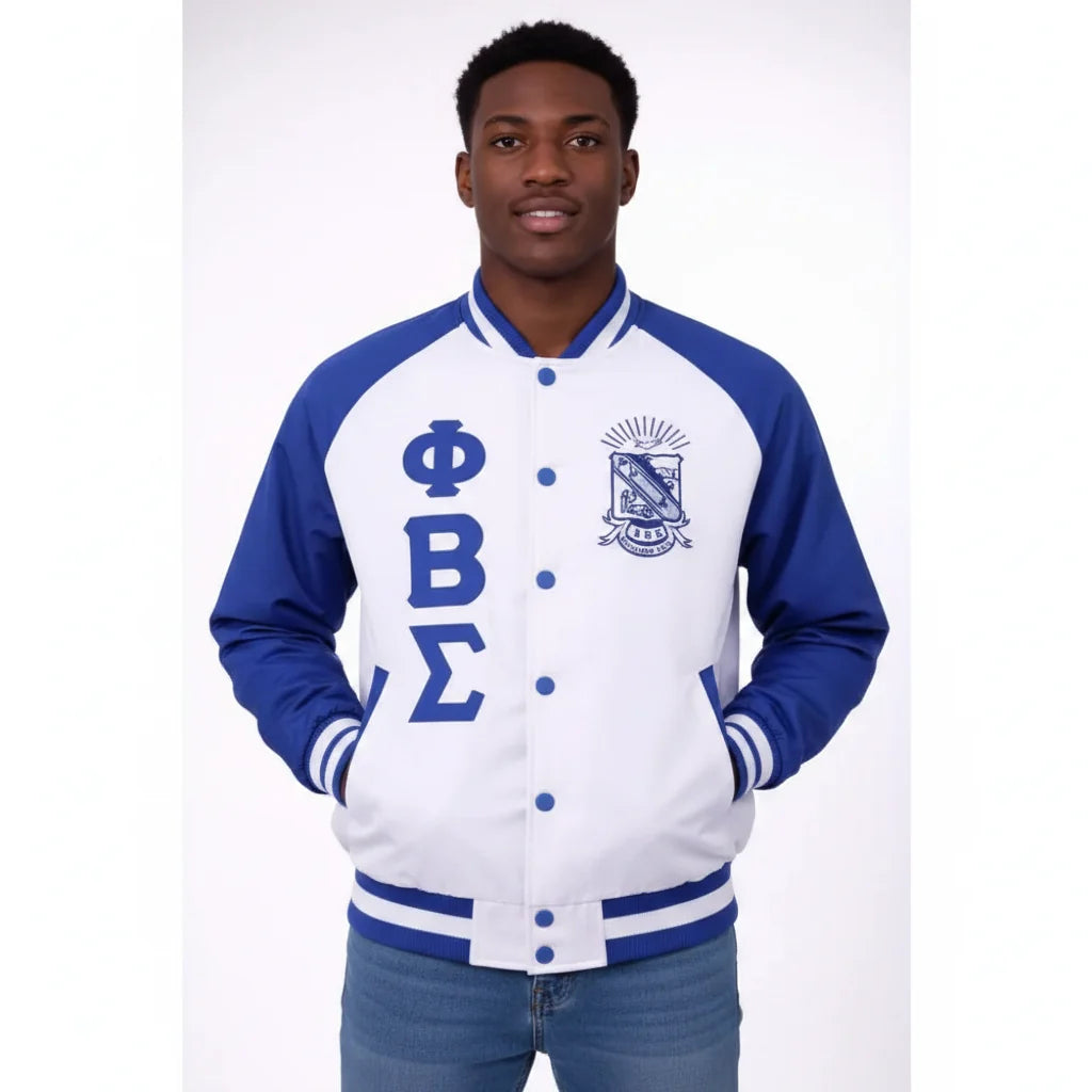 Custom Phi Beta Sigma Satin Bomber Jacket front view with personalized royal blue and white design