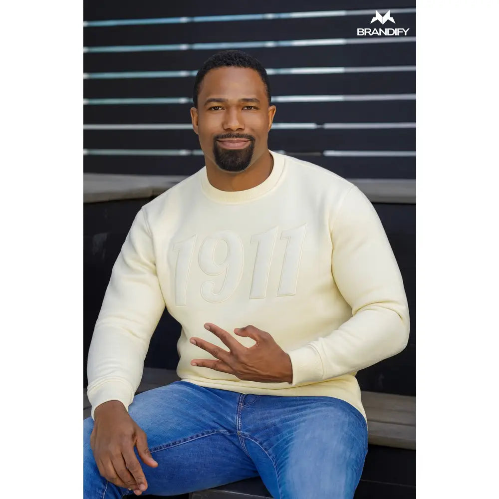 Custom Solid Color Omega Psi Phi Chenille Sweatshirt front view with raised chenille Greek lettering