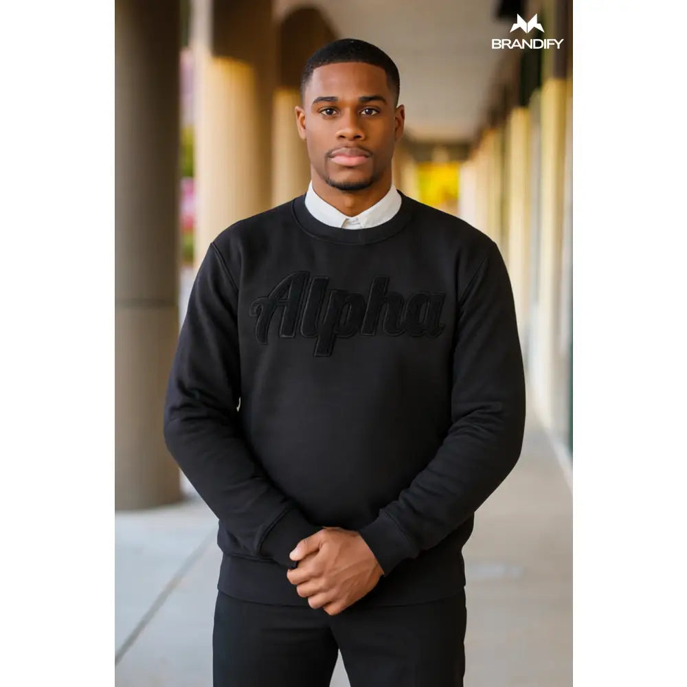 Custom Solid Color Greek Letter Chenille Sweatshirt front view with raised chenille Greek lettering