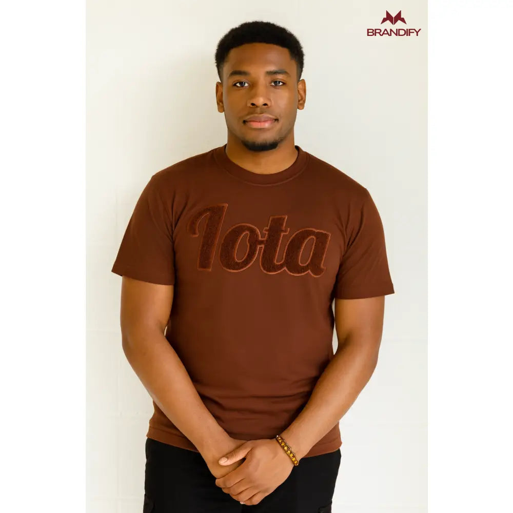 Custom Solid Color Greek Letter Chenille Tee front view with raised chenille Greek lettering