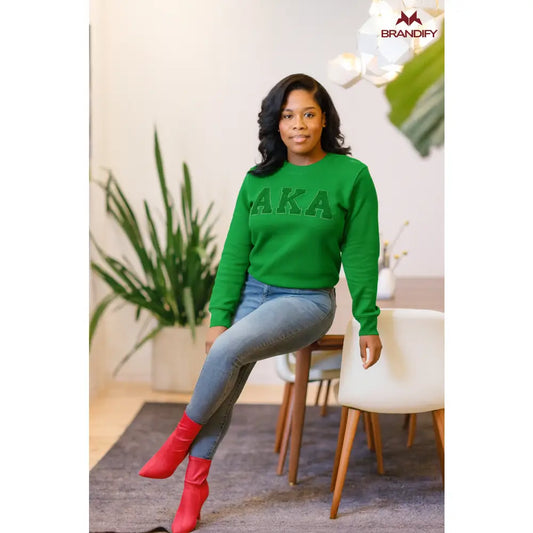 Custom Alpha Kappa Alpha Chenille Sweatshirt front view with personalized pink and green design