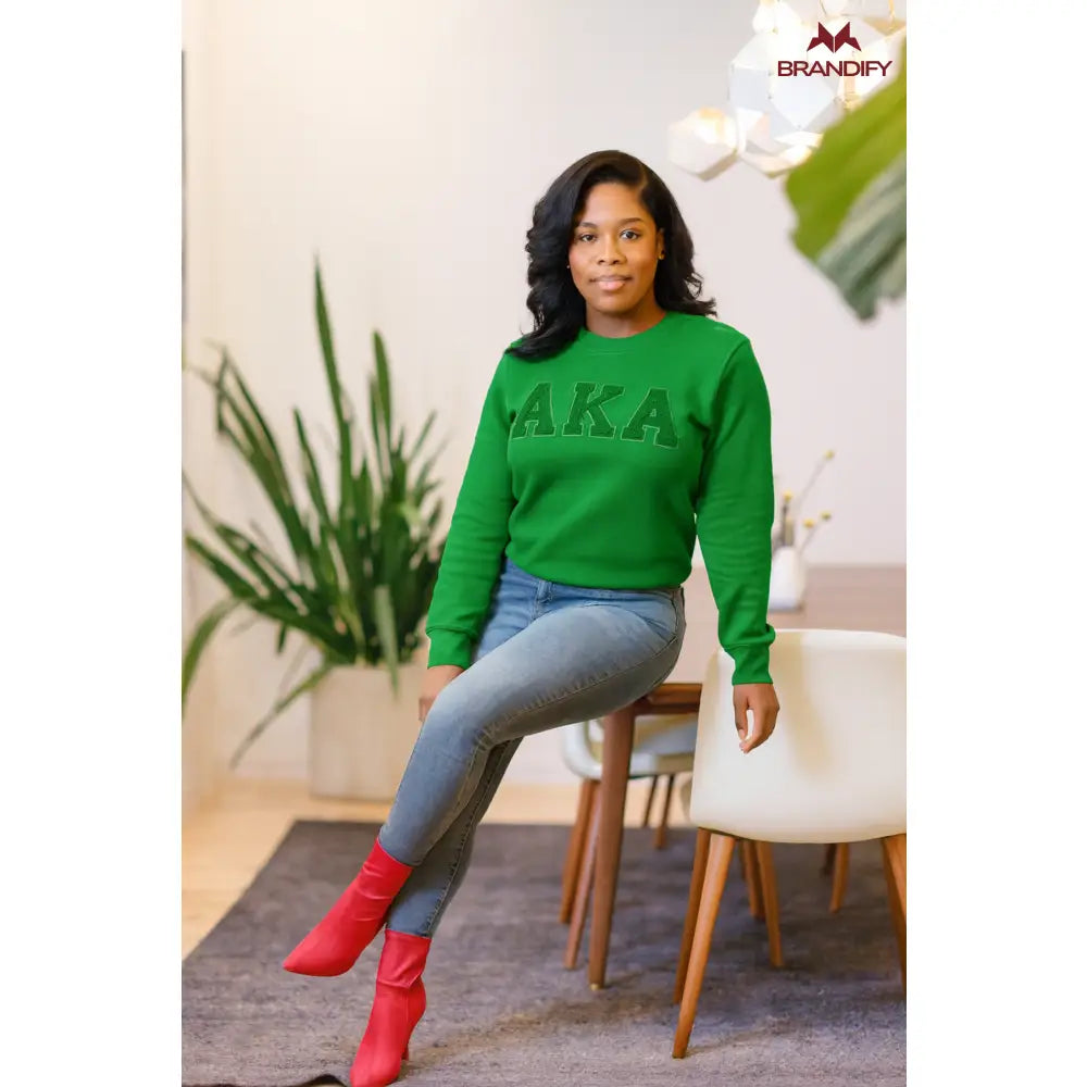 Custom Alpha Kappa Alpha Chenille Sweatshirt front view with personalized pink and green design