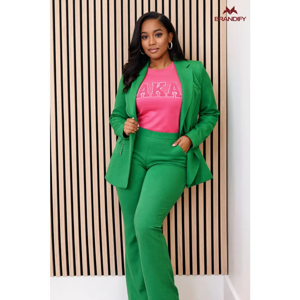 Custom Alpha Kappa Alpha Chenille Tee front view with personalized pink and green design