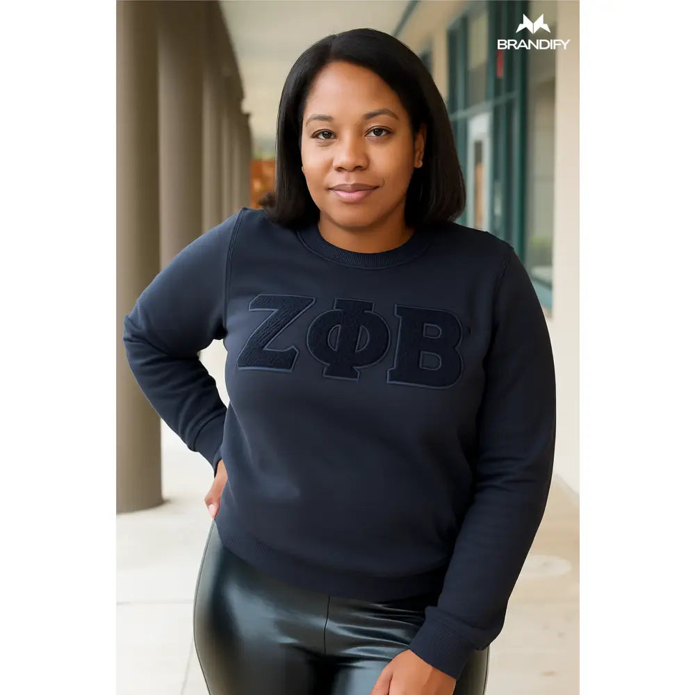 Custom Zeta Phi Beta Chenille Sweatshirt Style 3 front view with personalized royal blue and white design