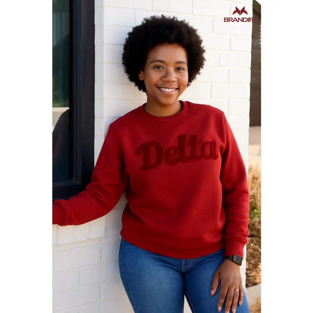 Custom Greek Letter Chenille Sweatshirt front view with raised chenille Greek lettering