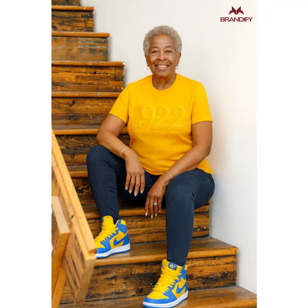 Custom Solid Color Sigma Gamma Rho Chenille Tee front view with raised chenille Greek lettering