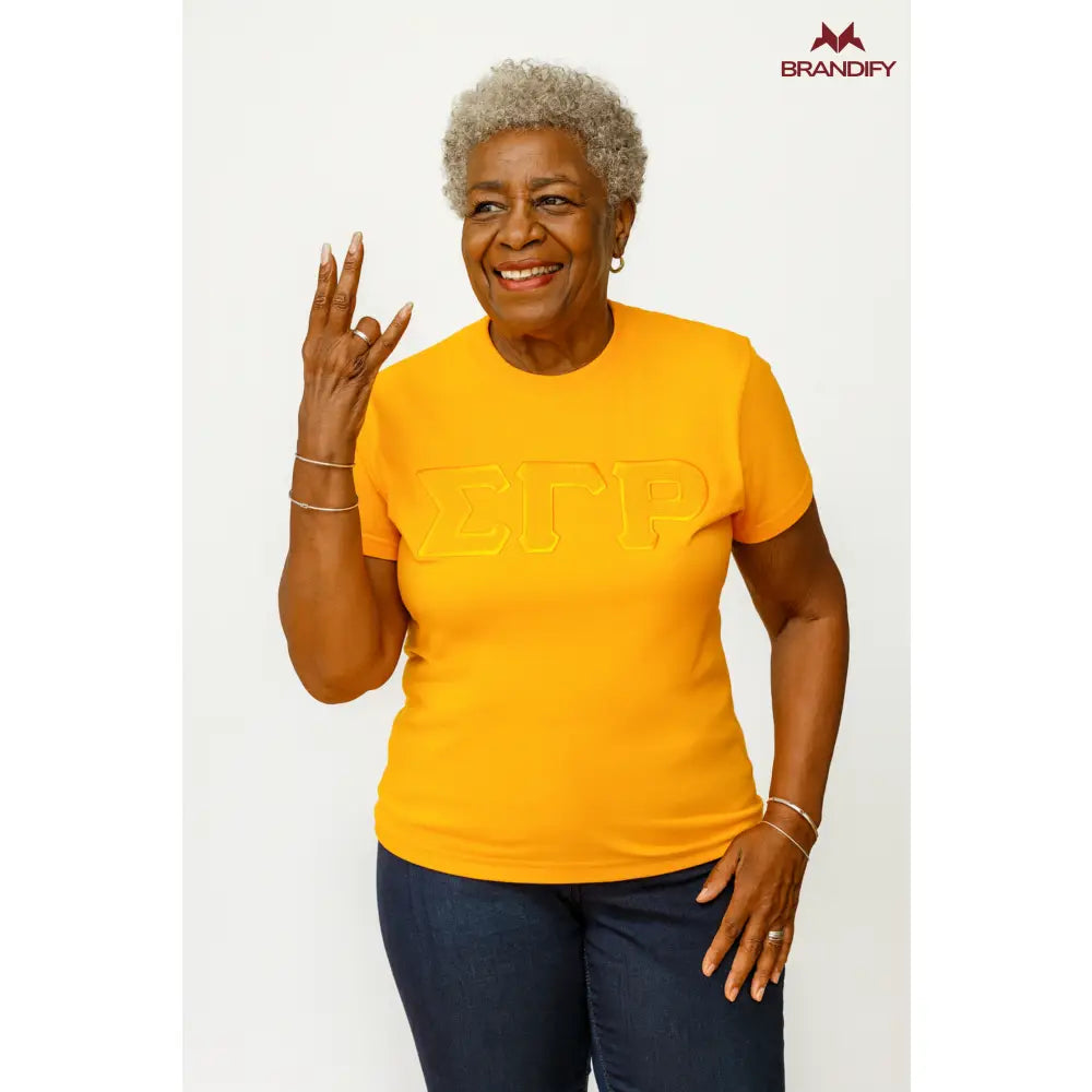 Custom Sigma Gamma Rho Chenille Tee front view with personalized royal blue and gold design