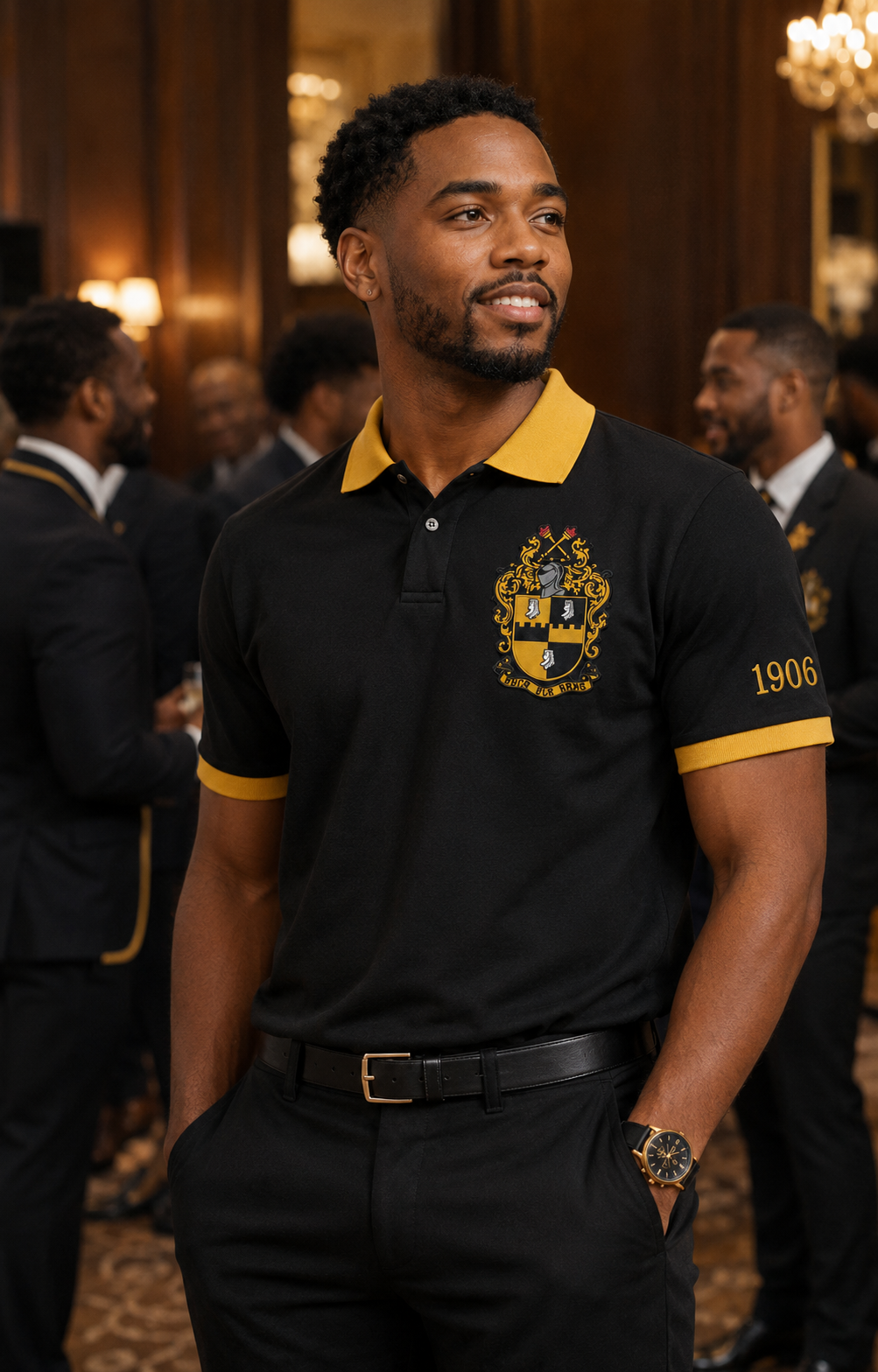 Lifestyle view of an Alpha Phi Alpha black and old gold embroidered polo