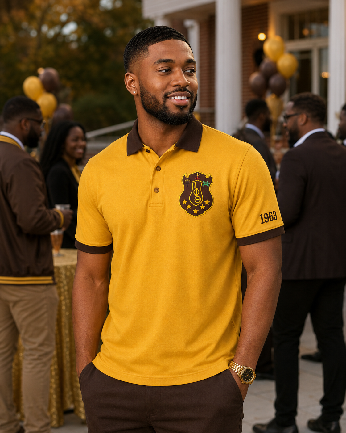 Lifestyle view of an Iota Phi Theta gold and brown embroidered polo